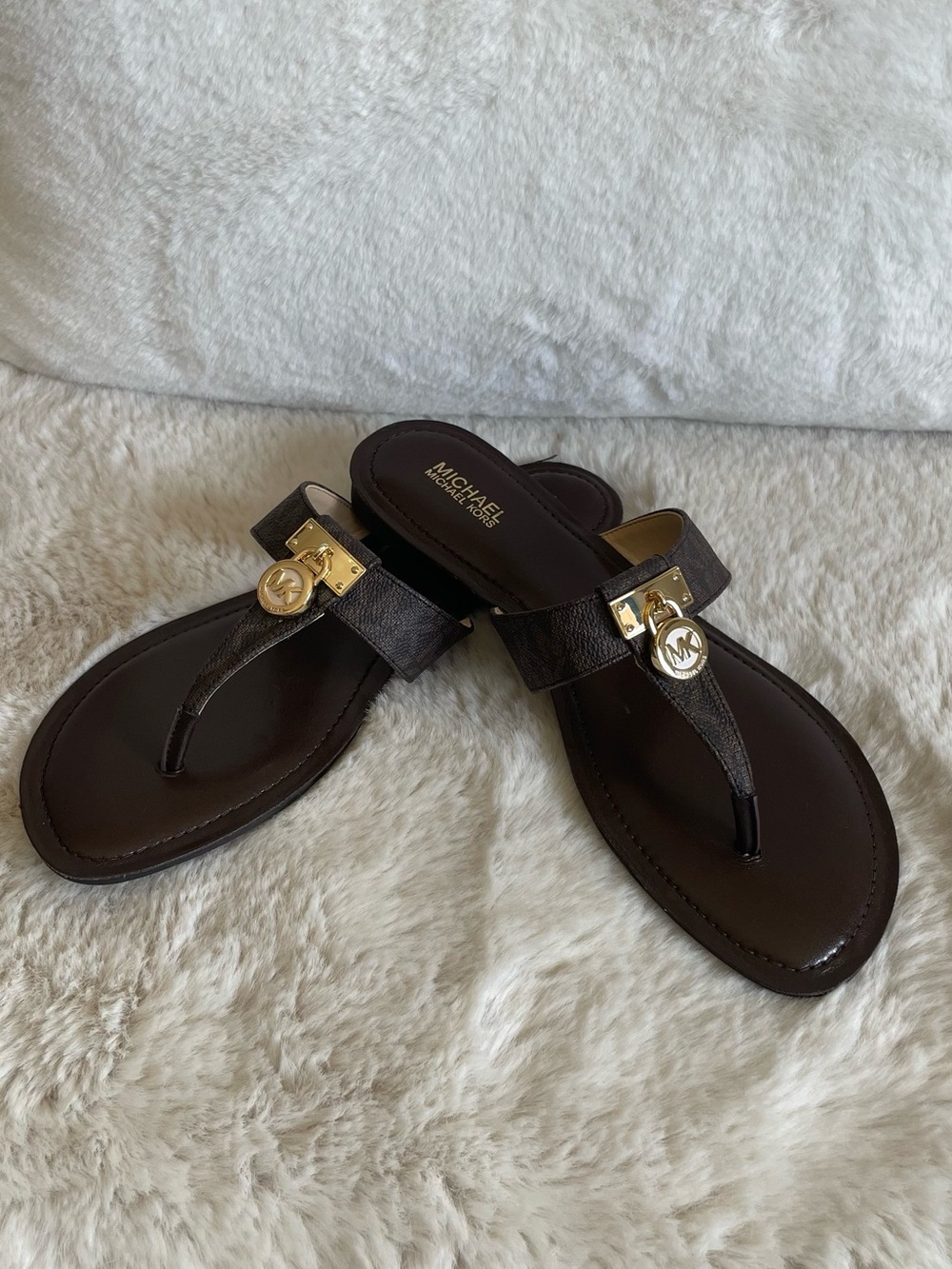 MICHAEL Michael Kors Dark Brown Thong Sandals with Gold Logo Accents